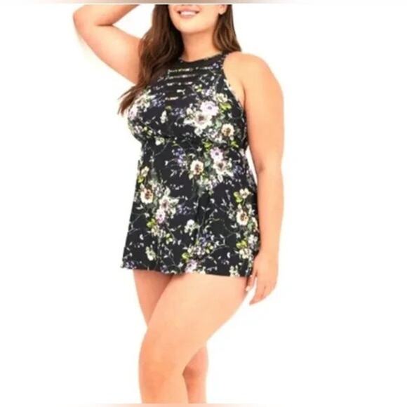 Torrid Black Floral Mesh Inlet High Neck Convertible Strap Tankini Swim Top - Picture 3 of 11